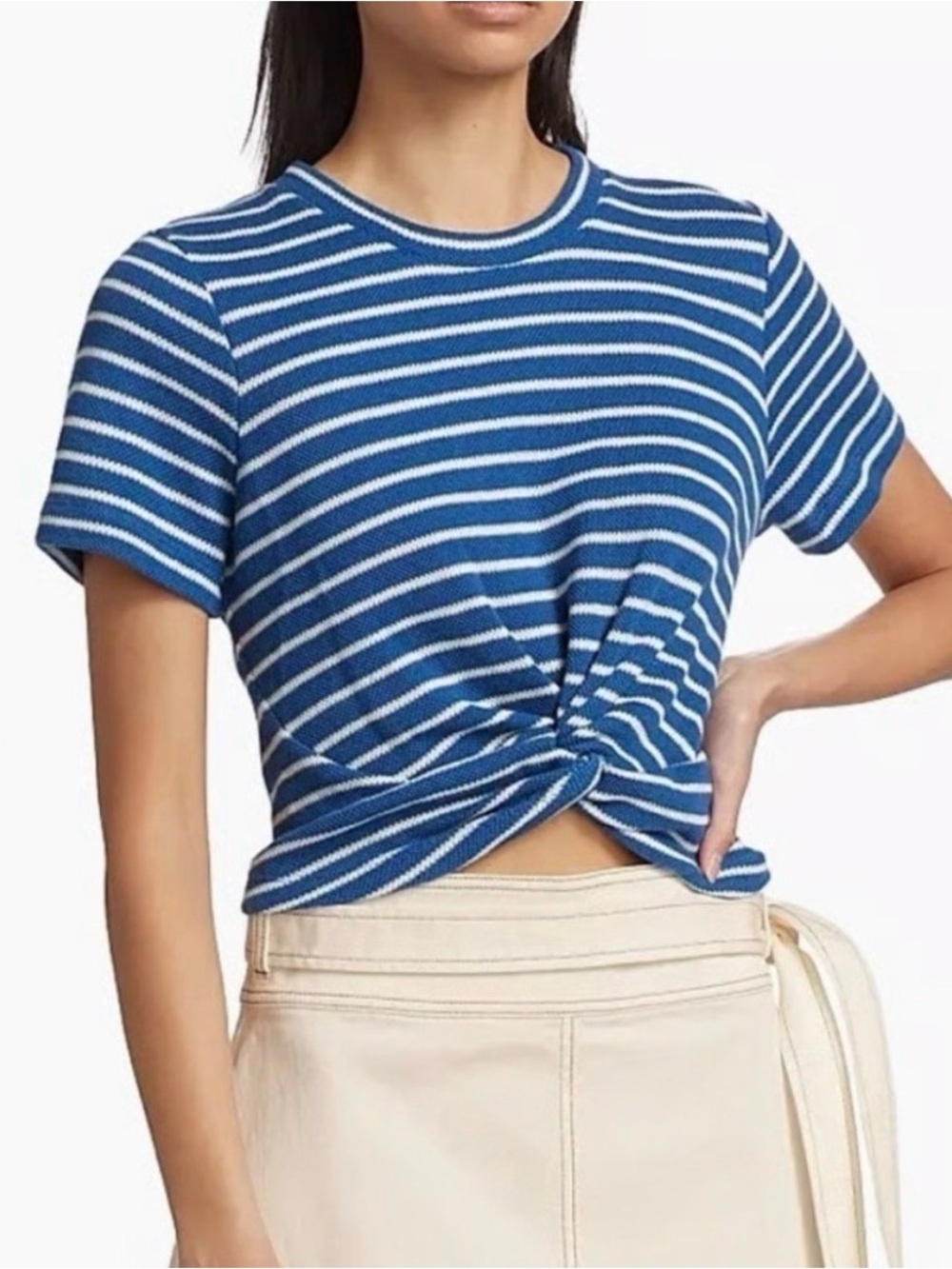 Tanya Taylor Blue & White Striped Twist-Knot Crop Tee